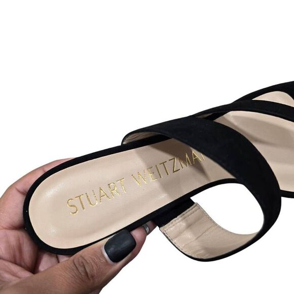 Stuart Weitzman Lyla Thong Sandals Women's 8AA Black Suede Cone Open Toe Party - Picture 6 of 8